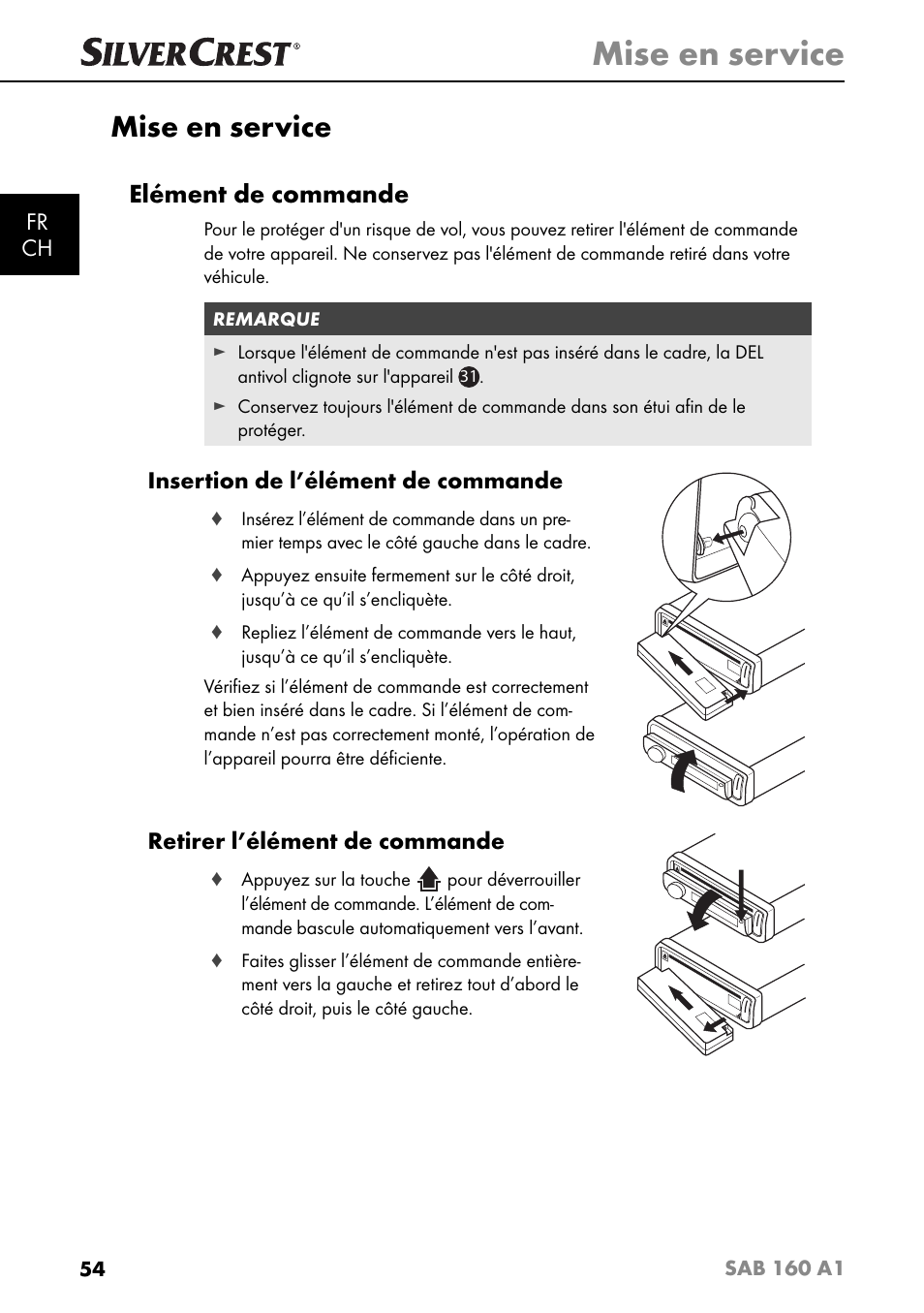 Mise en service, Elément de commande, Fr ch | Insertion de l’élément de commande, Retirer l’élément de commande | Silvercrest SAB 160 A1 User Manual | Page 58 / 204