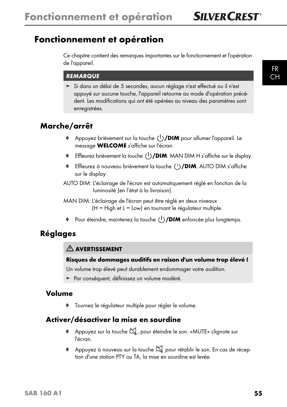 Fonctionnement et opération, Marche/arrêt, Réglages | Fr ch, Volume, Activer/désactiver la mise en sourdine | Silvercrest SAB 160 A1 User Manual | Page 59 / 204