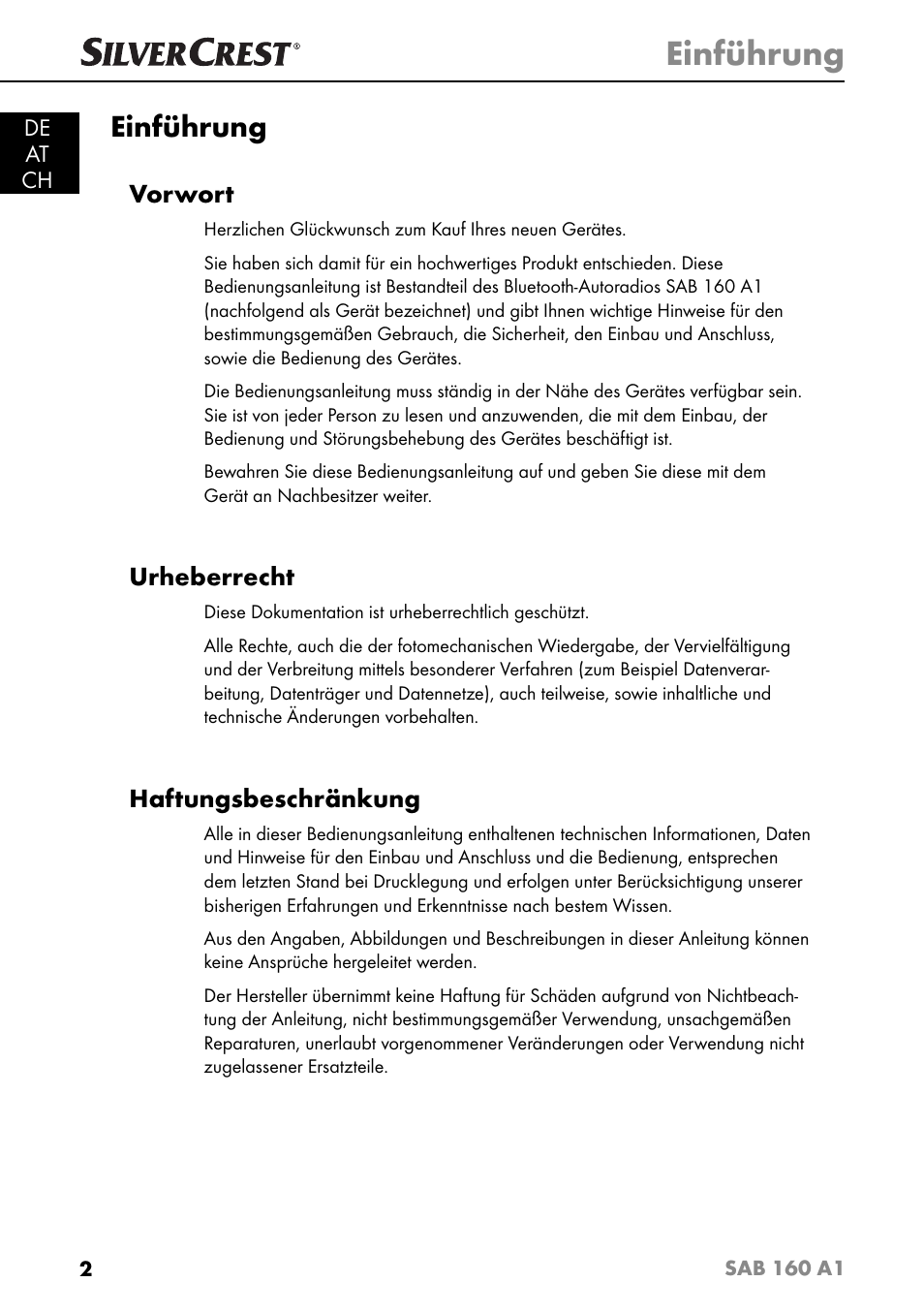 Einführung, Vorwort, Urheberrecht | Haftungsbeschränkung | Silvercrest SAB 160 A1 User Manual | Page 6 / 204