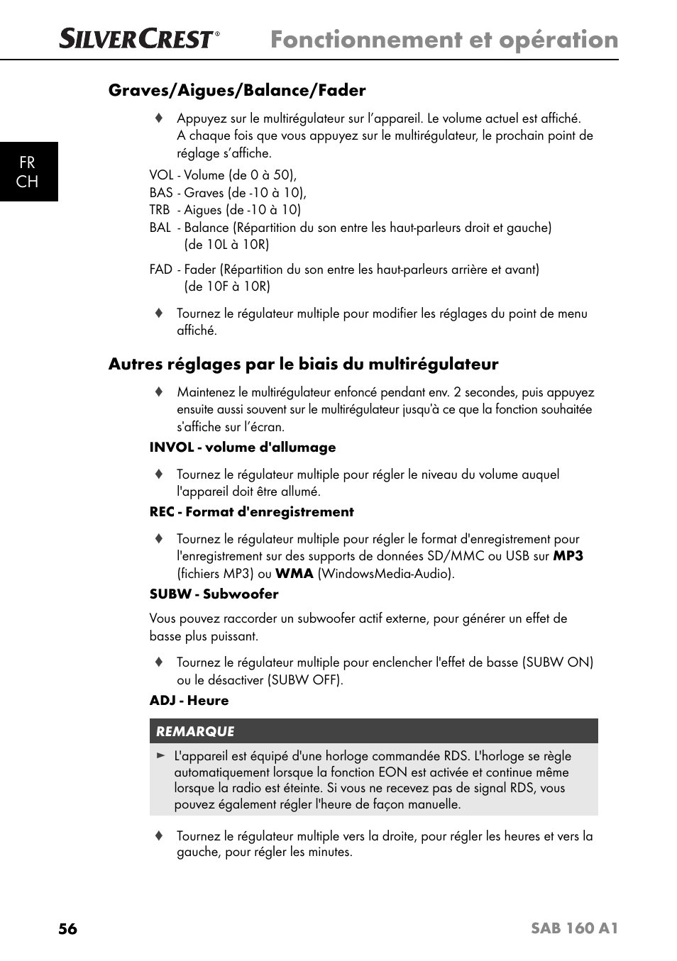 Fonctionnement et opération, Fr ch graves/aigues/balance/fader, Autres réglages par le biais du multirégulateur | Silvercrest SAB 160 A1 User Manual | Page 60 / 204