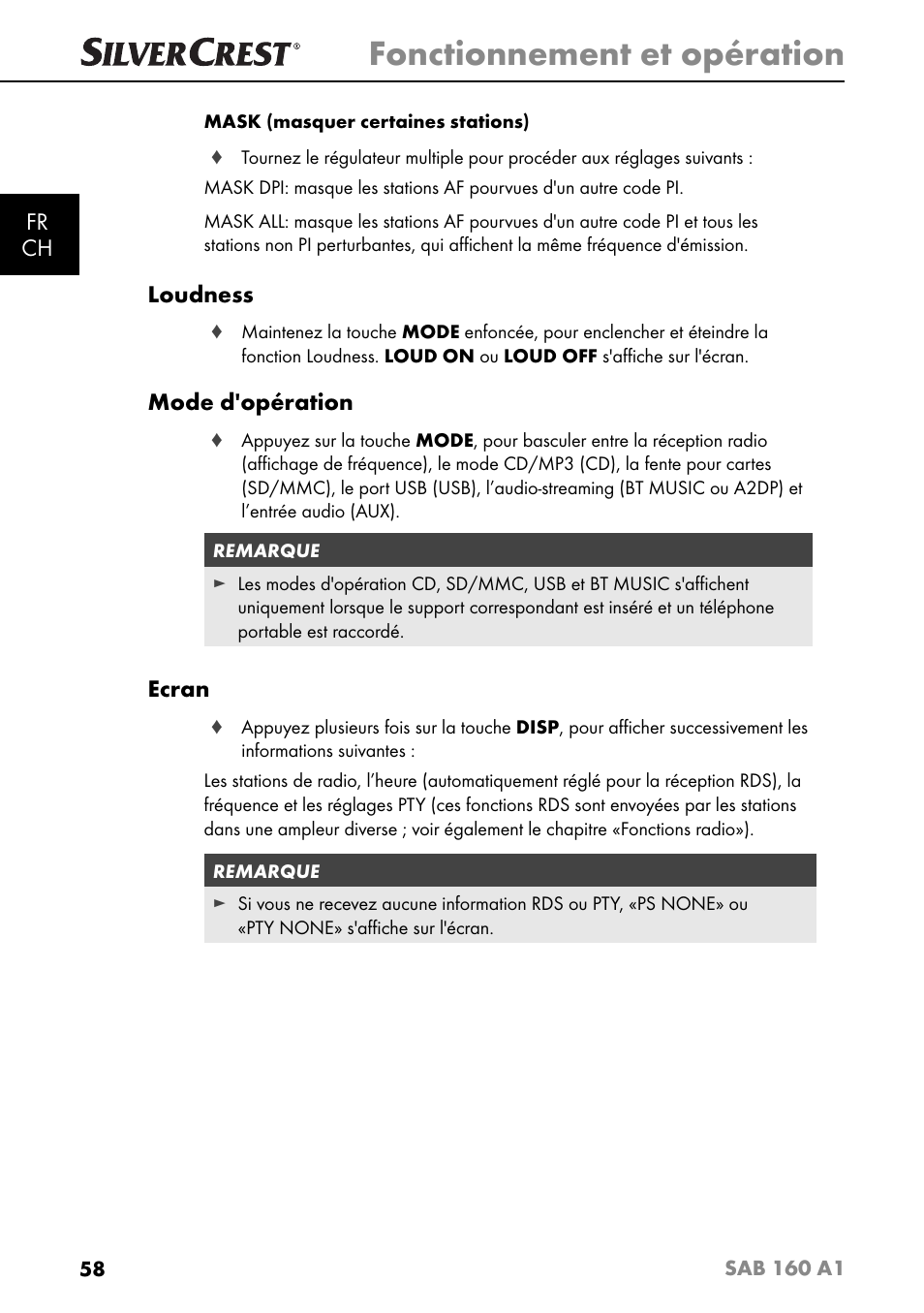 Fonctionnement et opération, Fr ch, Loudness | Mode d'opération, Ecran | Silvercrest SAB 160 A1 User Manual | Page 62 / 204