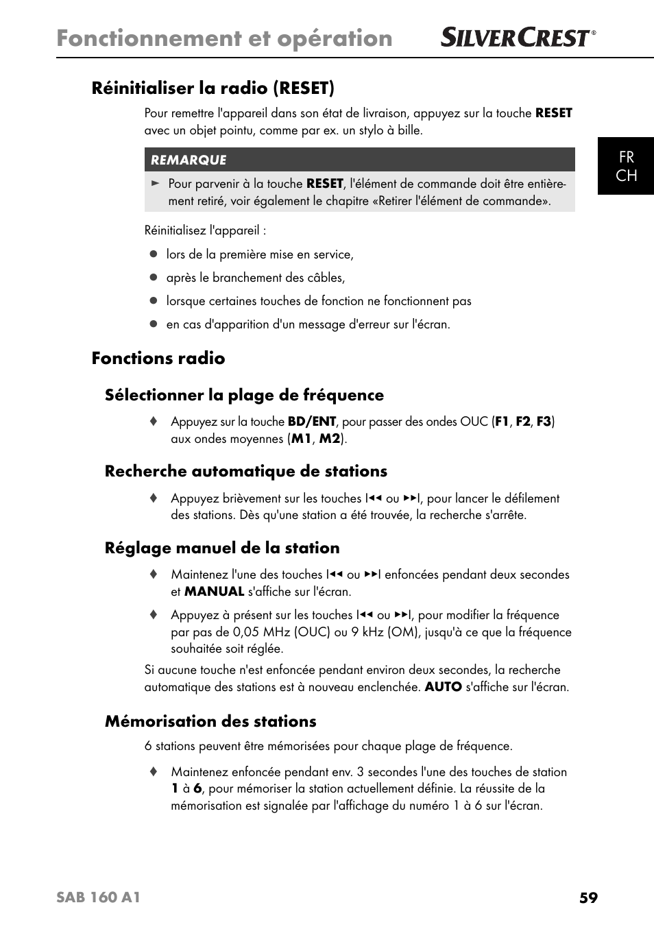 Fonctionnement et opération, Réinitialiser la radio (reset), Fonctions radio | Fr ch, Sélectionner la plage de fréquence, Recherche automatique de stations, Réglage manuel de la station, Mémorisation des stations | Silvercrest SAB 160 A1 User Manual | Page 63 / 204