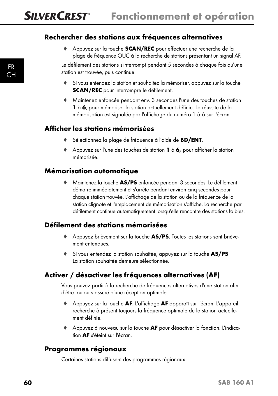 Fonctionnement et opération, Aﬃ cher les stations mémorisées, Mémorisation automatique | Déﬁ lement des stations mémorisées, Programmes régionaux | Silvercrest SAB 160 A1 User Manual | Page 64 / 204