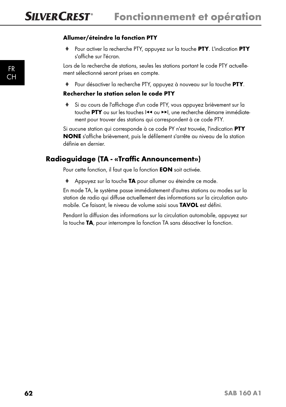 Fonctionnement et opération, Fr ch, Radioguidage (ta - «traﬃ c announcement») | Silvercrest SAB 160 A1 User Manual | Page 66 / 204