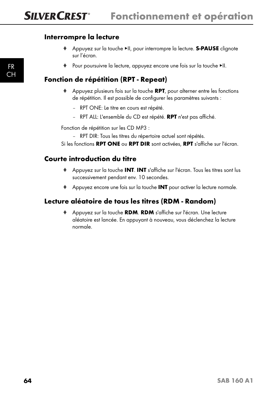 Fonctionnement et opération, Fr ch interrompre la lecture, Fonction de répétition (rpt - repeat) | Courte introduction du titre | Silvercrest SAB 160 A1 User Manual | Page 68 / 204