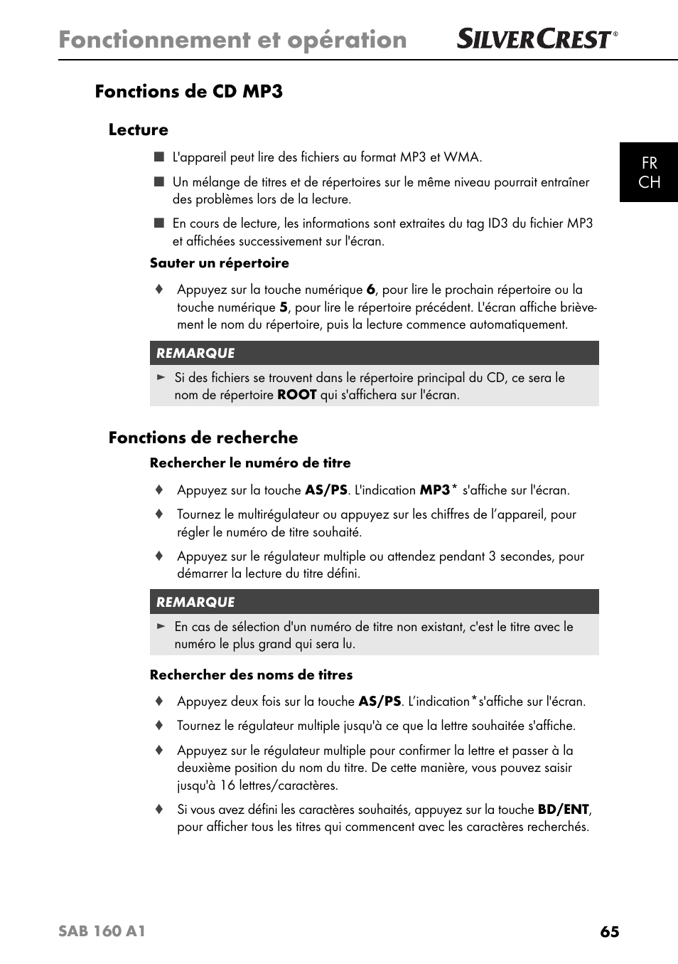 Fonctionnement et opération, Fonctions de cd mp3, Fr ch | Lecture, Fonctions de recherche | Silvercrest SAB 160 A1 User Manual | Page 69 / 204