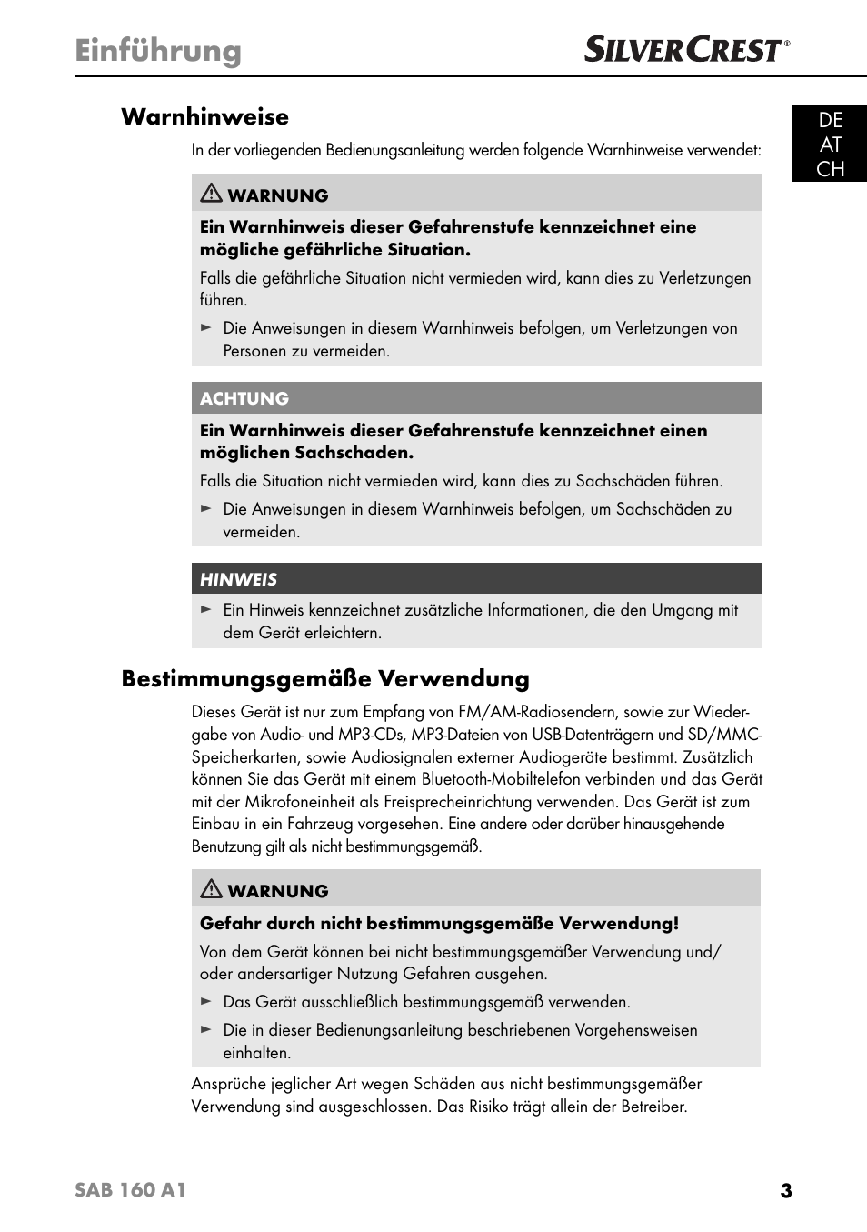 Einführung, Warnhinweise, Bestimmungsgemäße verwendung | De at ch | Silvercrest SAB 160 A1 User Manual | Page 7 / 204