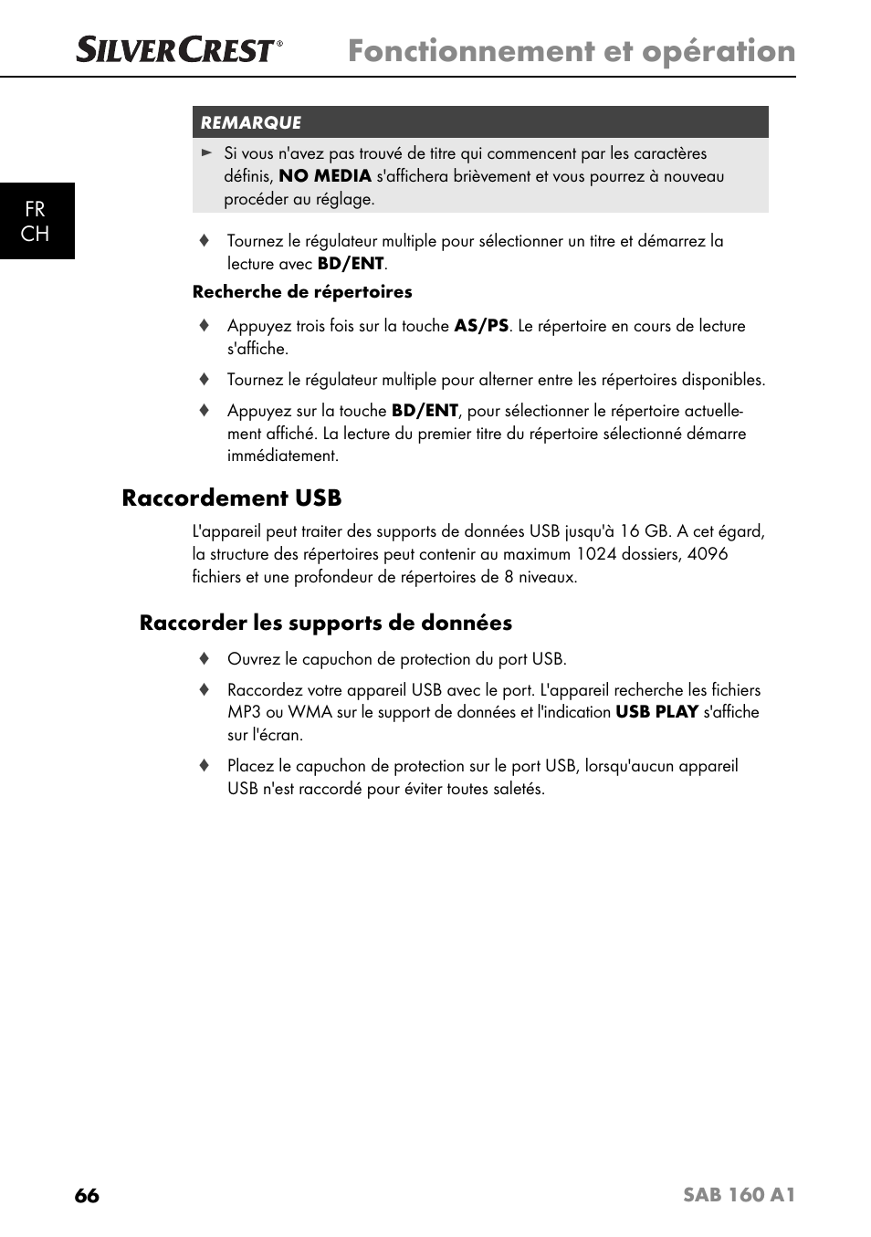 Fonctionnement et opération, Raccordement usb, Fr ch | Raccorder les supports de données | Silvercrest SAB 160 A1 User Manual | Page 70 / 204