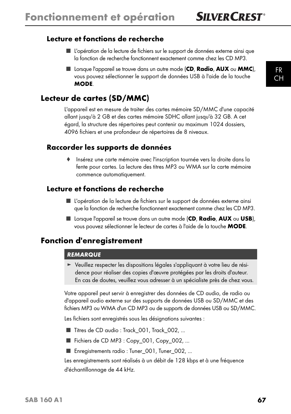 Fonctionnement et opération, Lecteur de cartes (sd/mmc), Fonction d'enregistrement | Fr ch lecture et fonctions de recherche, Raccorder les supports de données, Lecture et fonctions de recherche | Silvercrest SAB 160 A1 User Manual | Page 71 / 204