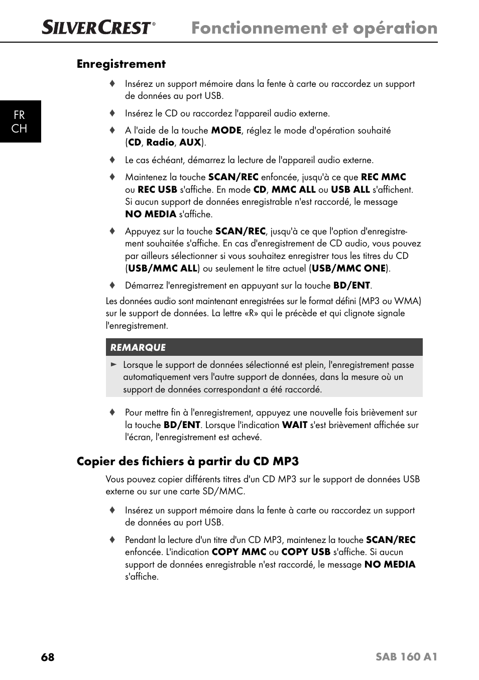 Fonctionnement et opération, Fr ch enregistrement, Copier des ﬁ chiers à partir du cd mp3 | Silvercrest SAB 160 A1 User Manual | Page 72 / 204