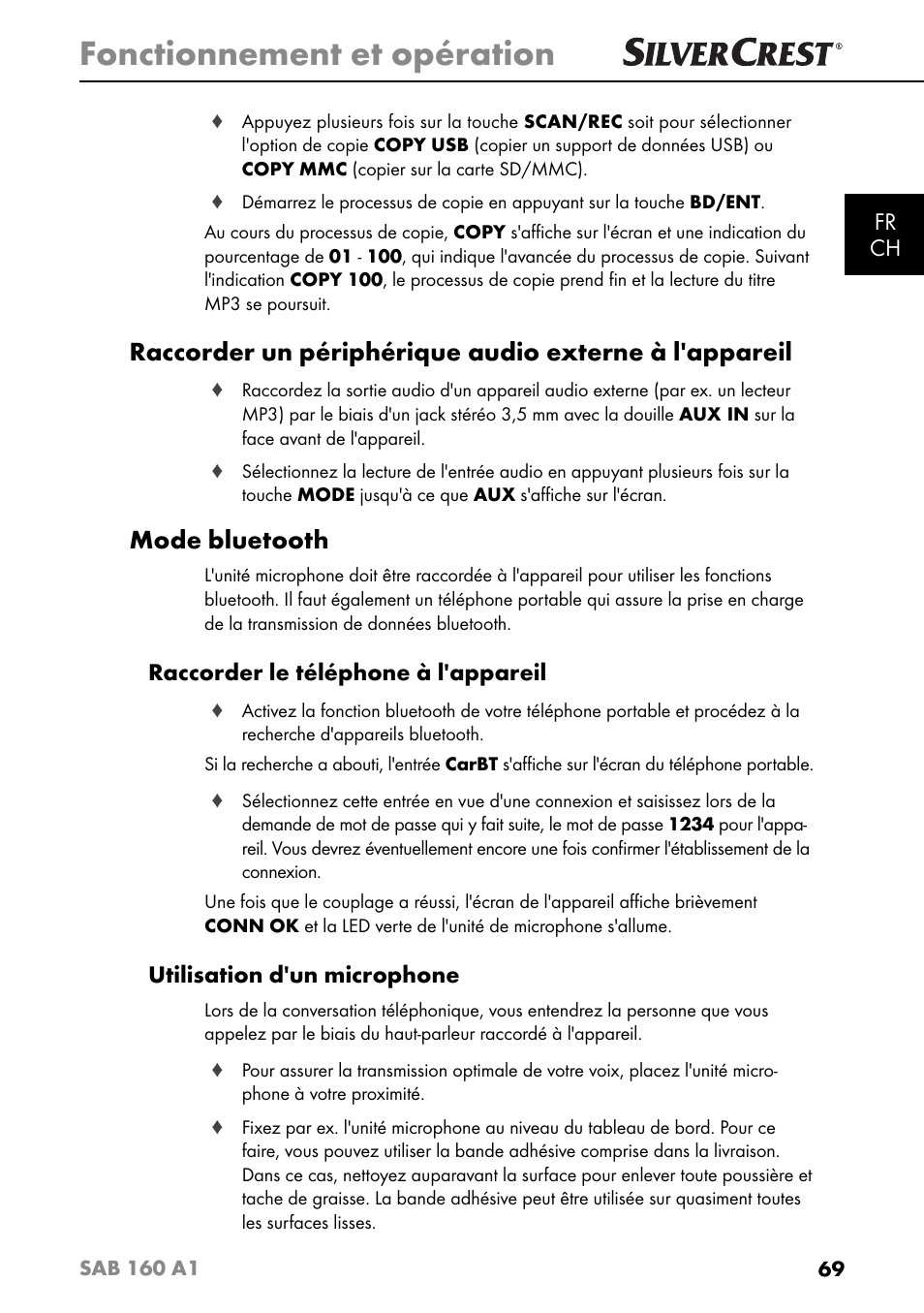 Fonctionnement et opération, Mode bluetooth, Fr ch | Raccorder le téléphone à l'appareil, Utilisation d'un microphone | Silvercrest SAB 160 A1 User Manual | Page 73 / 204