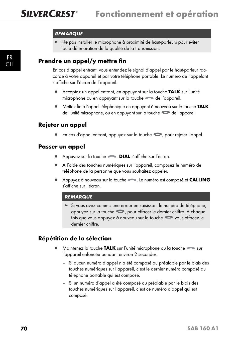 Fonctionnement et opération, Fr ch, Prendre un appel/y mettre ﬁ n | Rejeter un appel, Passer un appel, Répétition de la sélection | Silvercrest SAB 160 A1 User Manual | Page 74 / 204