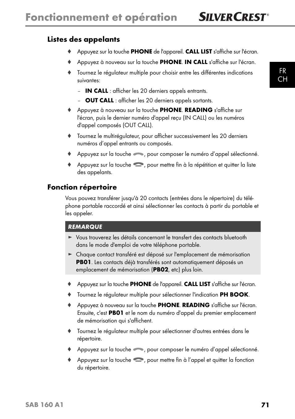 Fonctionnement et opération, Fr ch listes des appelants, Fonction répertoire | Silvercrest SAB 160 A1 User Manual | Page 75 / 204