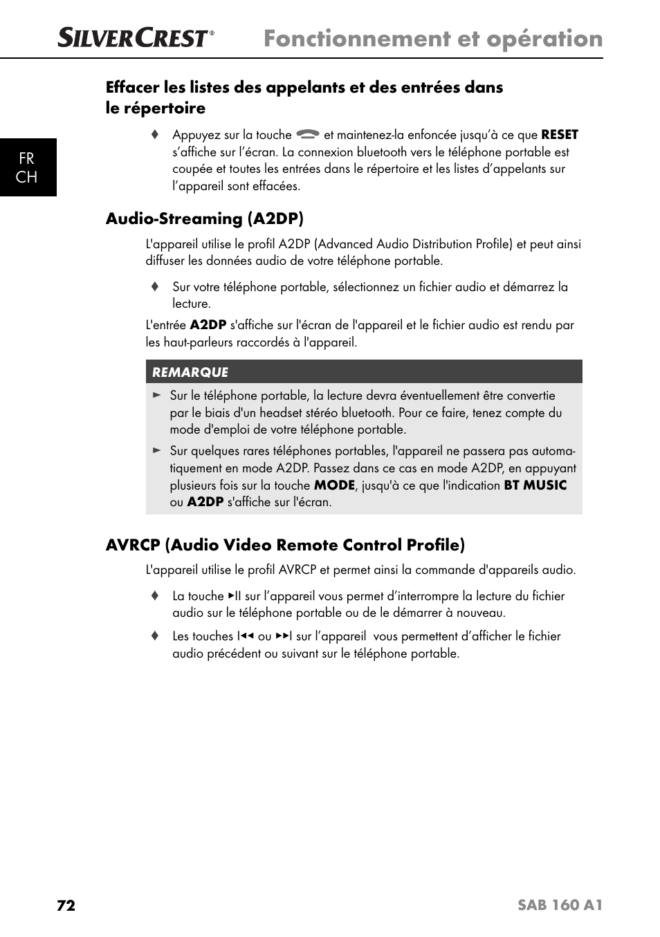 Fonctionnement et opération, Audio-streaming (a2dp), Avrcp (audio video remote control proﬁ le) | Silvercrest SAB 160 A1 User Manual | Page 76 / 204