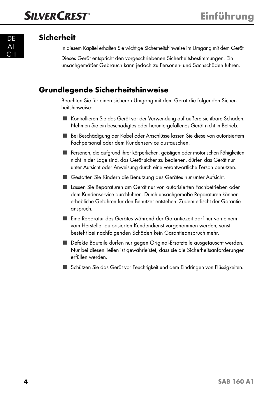 Einführung, Sicherheit, Grundlegende sicherheitshinweise | De at ch | Silvercrest SAB 160 A1 User Manual | Page 8 / 204