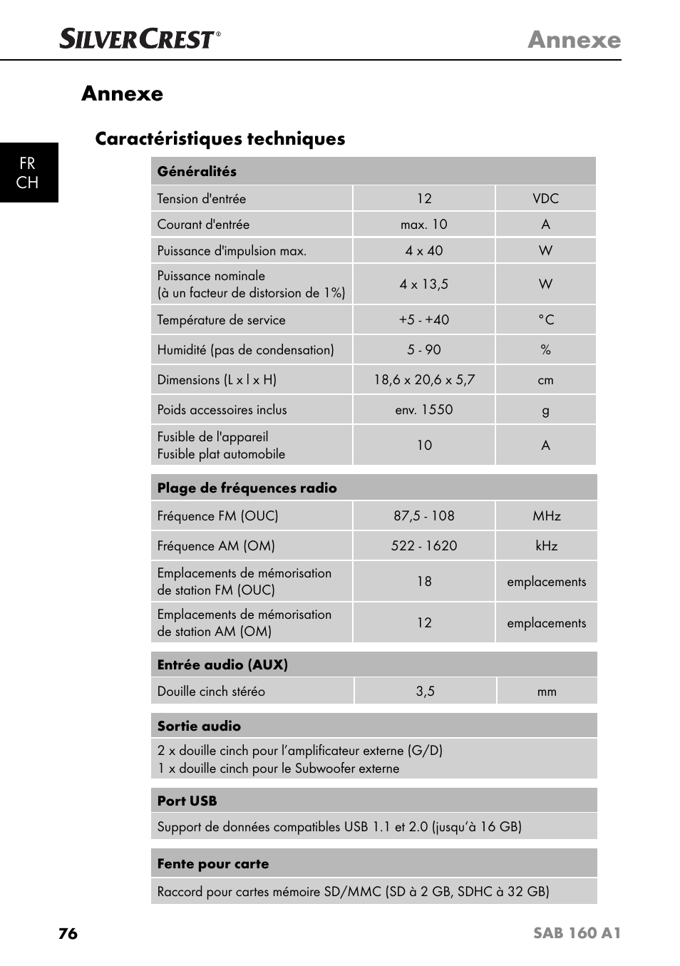 Annexe, Caractéristiques techniques, Fr ch | Silvercrest SAB 160 A1 User Manual | Page 80 / 204