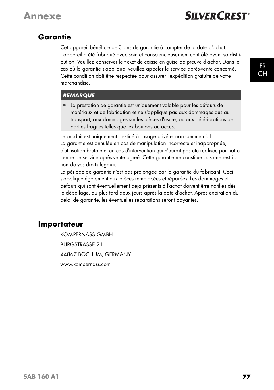 Annexe, Garantie, Importateur | Silvercrest SAB 160 A1 User Manual | Page 81 / 204