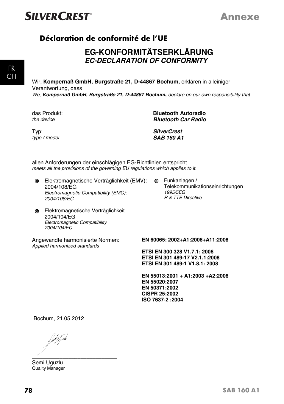 Annexe, Déclaration de conformité de l’ue, Eg-konformitätserklärung | Fr ch, Ec-declaration of conformity, Sab 160 a1 | Silvercrest SAB 160 A1 User Manual | Page 82 / 204