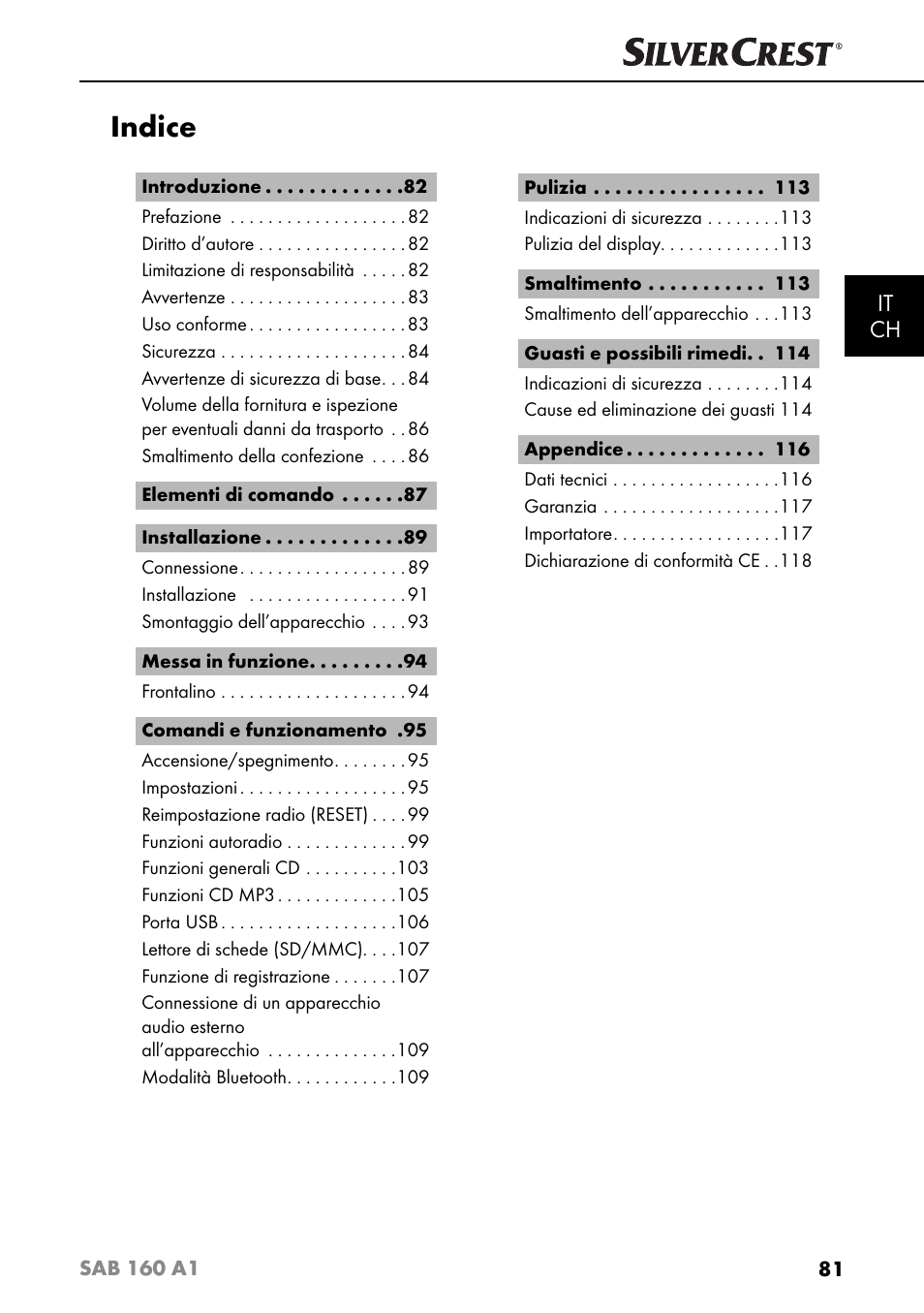 Indice, It ch | Silvercrest SAB 160 A1 User Manual | Page 85 / 204