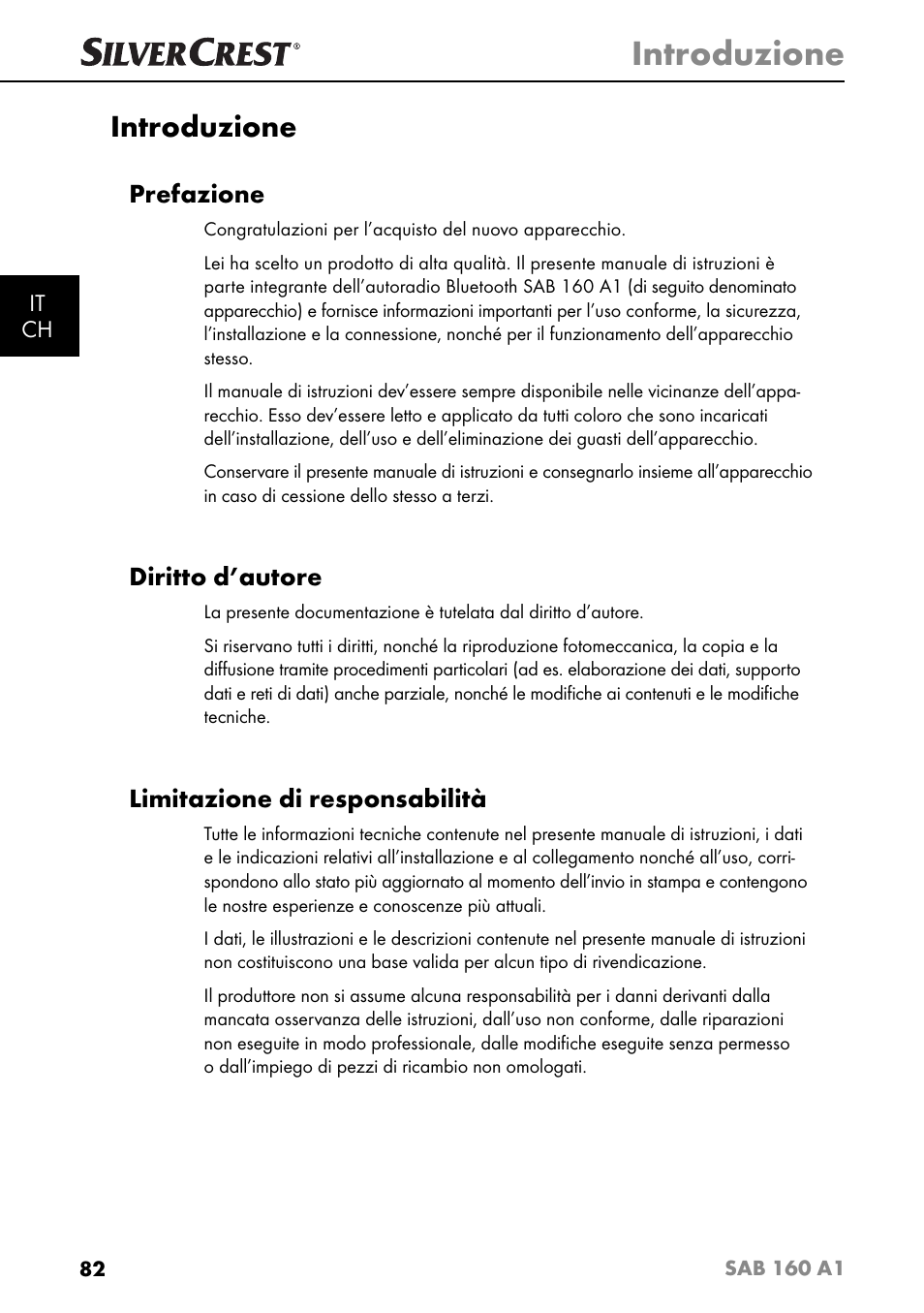 Introduzione, Prefazione, Diritto d’autore | Limitazione di responsabilità | Silvercrest SAB 160 A1 User Manual | Page 86 / 204