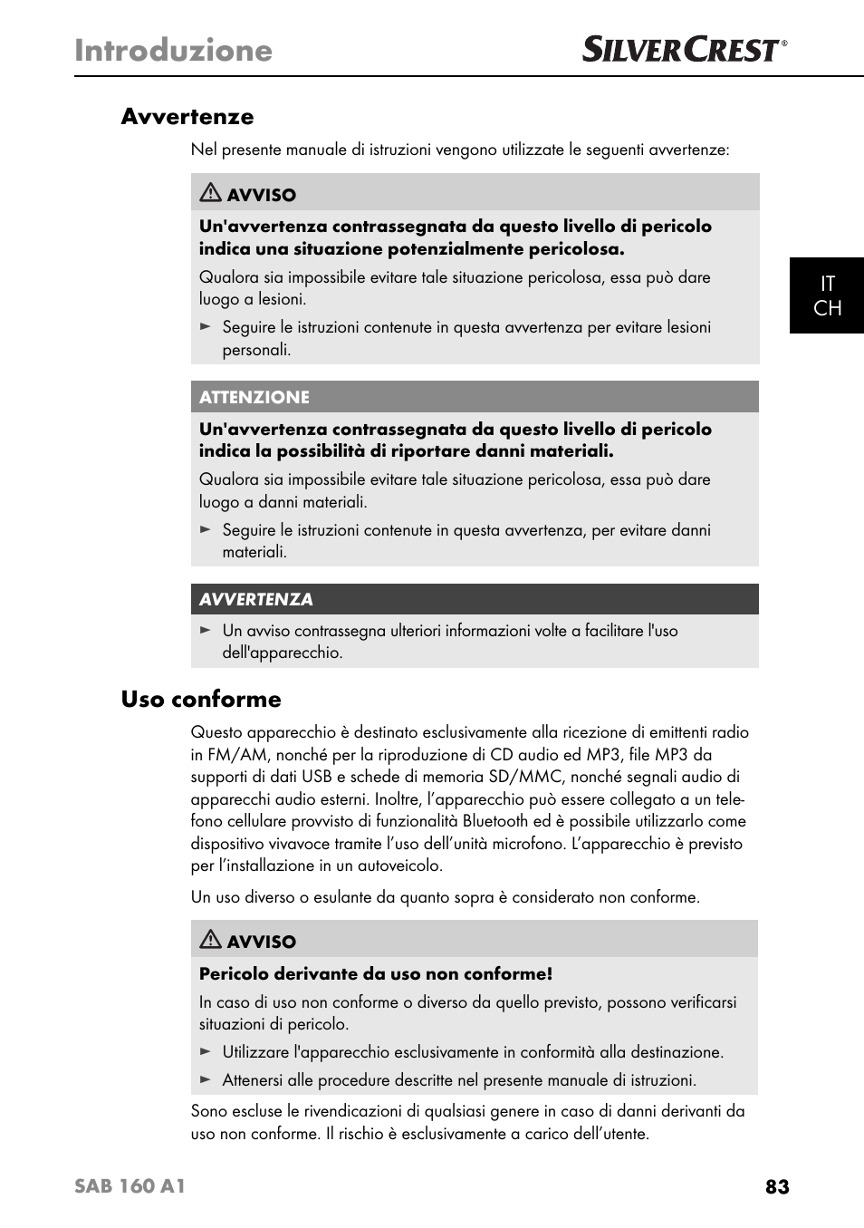 Introduzione, Avvertenze, Uso conforme | It ch | Silvercrest SAB 160 A1 User Manual | Page 87 / 204