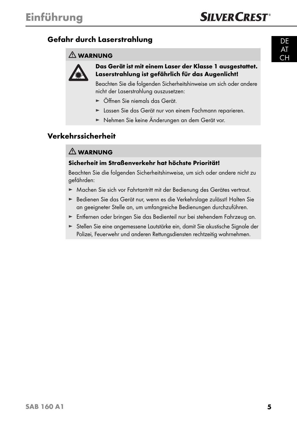 Einführung, De at ch gefahr durch laserstrahlung, Verkehrssicherheit | Silvercrest SAB 160 A1 User Manual | Page 9 / 204