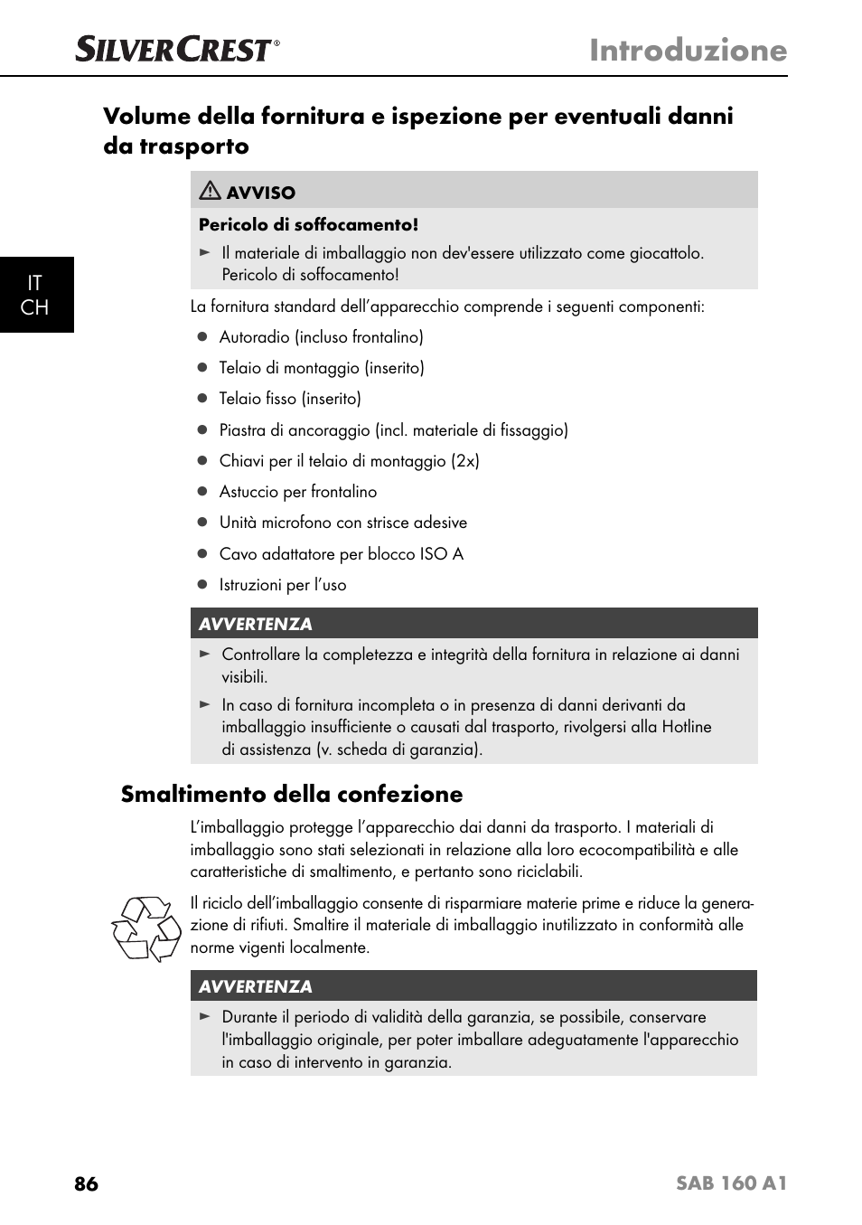 Introduzione, Smaltimento della confezione, It ch | Silvercrest SAB 160 A1 User Manual | Page 90 / 204