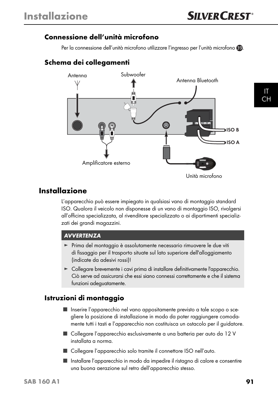 Installazione, It ch connessione dell’unità microfono, Schema dei collegamenti | Istruzioni di montaggio | Silvercrest SAB 160 A1 User Manual | Page 95 / 204