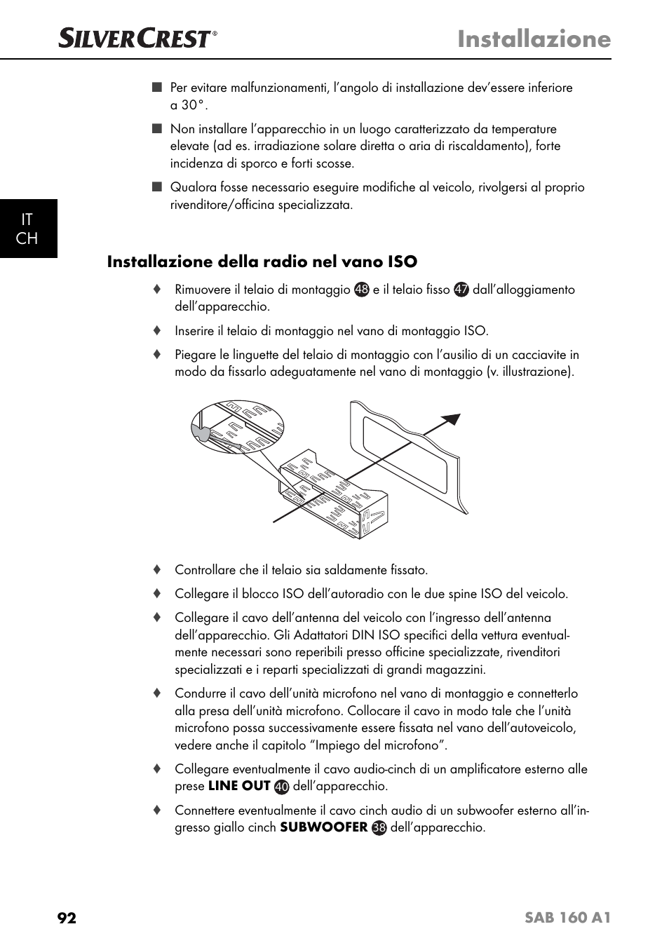 Installazione, It ch, Installazione della radio nel vano iso | Silvercrest SAB 160 A1 User Manual | Page 96 / 204