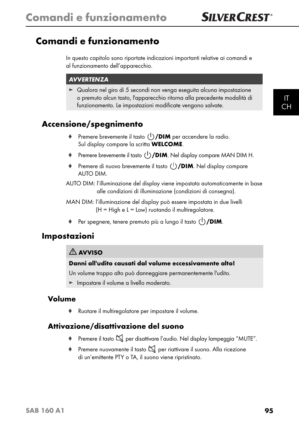 Comandi e funzionamento, Accensione/spegnimento, Impostazioni | It ch, Volume, Attivazione/disattivazione del suono | Silvercrest SAB 160 A1 User Manual | Page 99 / 204