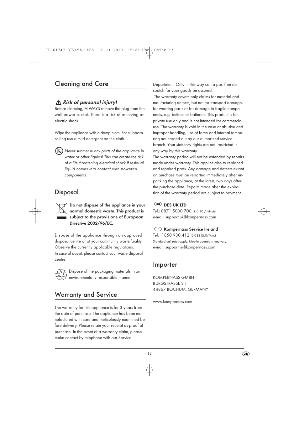Cleaning and care, Disposal, Warranty and service | Importer, Risk of personal injury | Silvercrest STV 45 A1 User Manual | Page 15 / 19