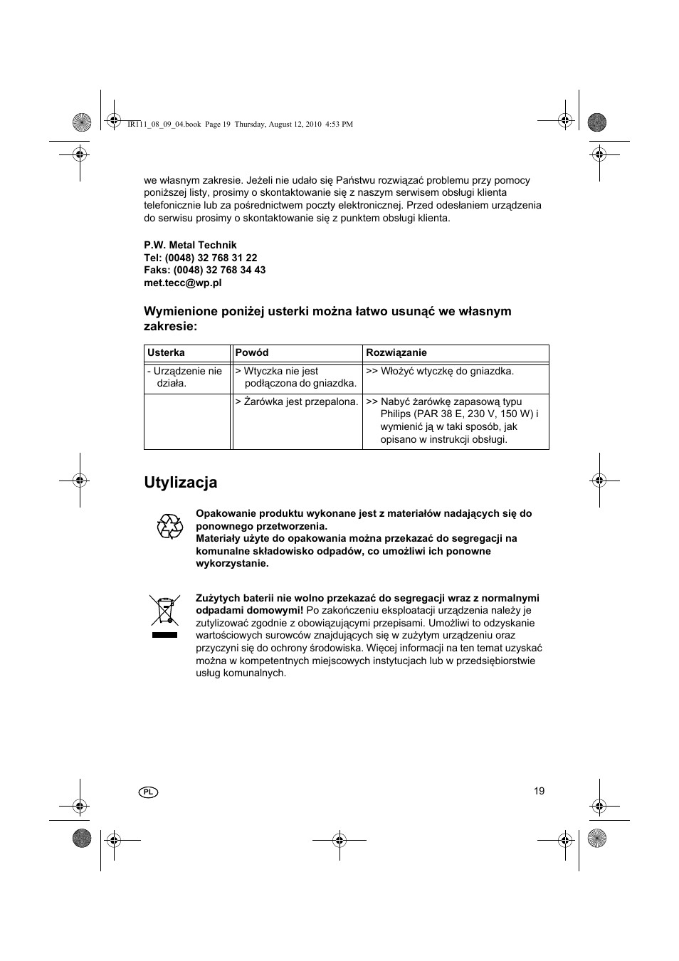 Utylizacja | Silvercrest SRL 150 A1 User Manual | Page 19 / 72