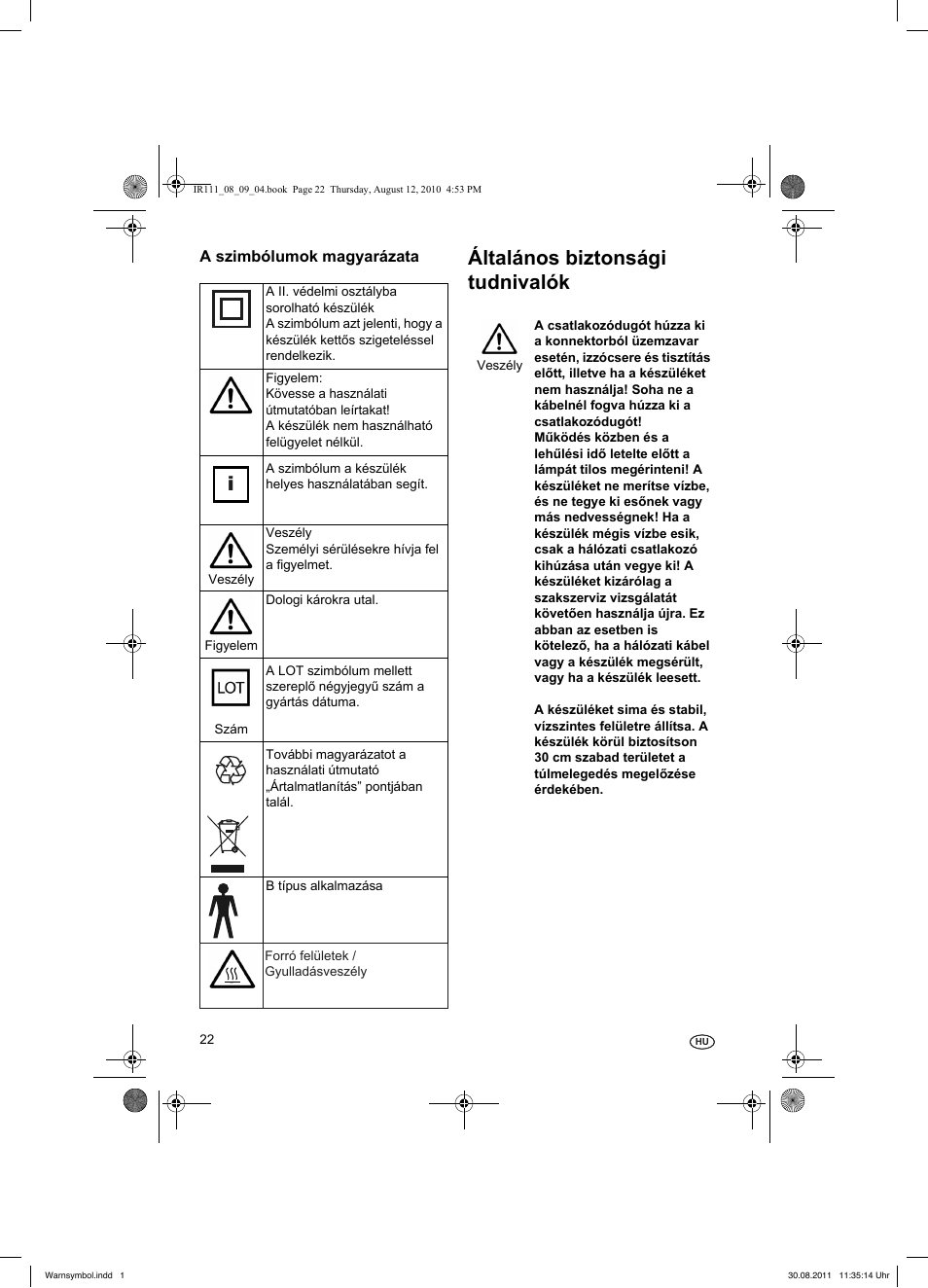 Allgemeine sicherheitshinweise, Általános biztonsági tudnivalók, Erläuterung der bildzeichen | Silvercrest SRL 150 A1 User Manual | Page 22 / 72