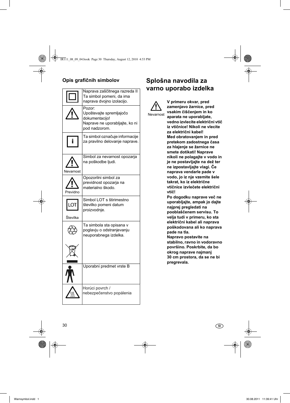 Allgemeine sicherheitshinweise, Splošna navodila za varno uporabo izdelka, Erläuterung der bildzeichen | Silvercrest SRL 150 A1 User Manual | Page 30 / 72