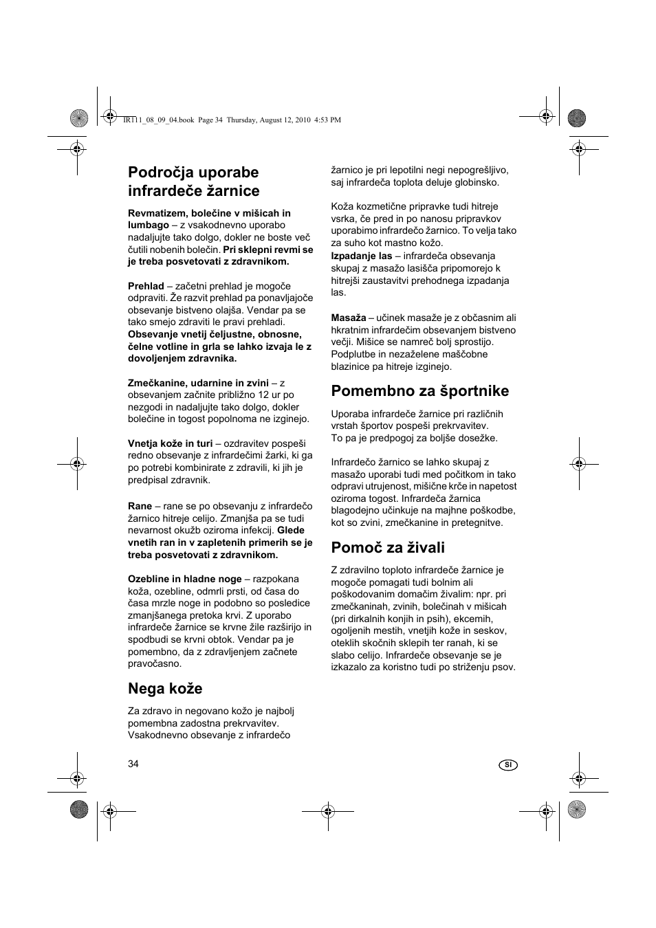 Področja uporabe infrardeče žarnice, Nega kože, Pomembno za športnike | Pomoč za živali | Silvercrest SRL 150 A1 User Manual | Page 34 / 72