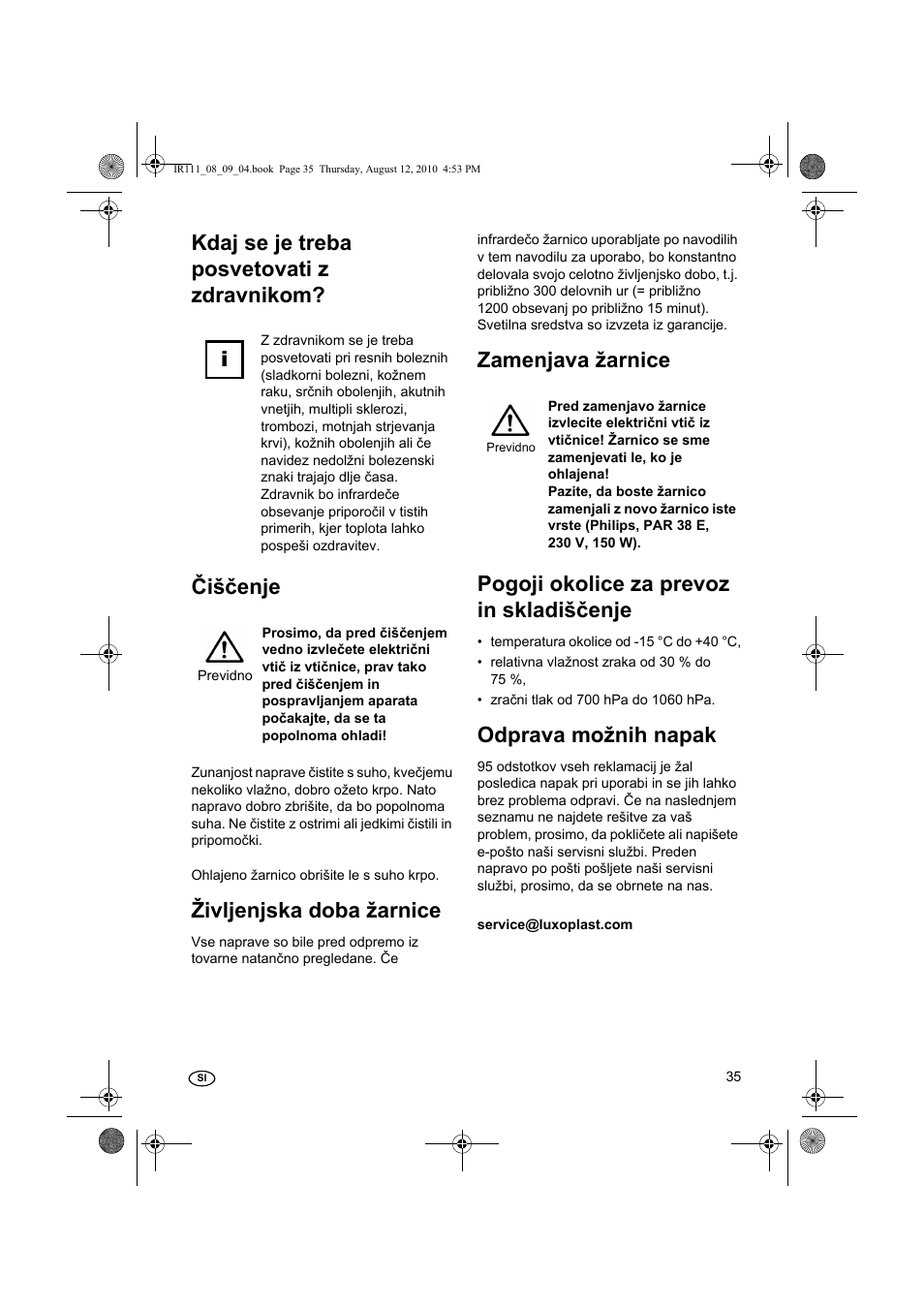 Življenjska doba žarnice, Odprava možnih napak | Silvercrest SRL 150 A1 User Manual | Page 35 / 72