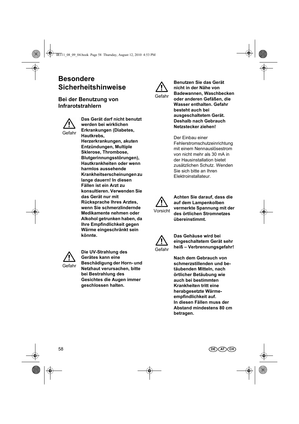 Besondere sicherheitshinweise, Bei der benutzung von infrarotstrahlern | Silvercrest SRL 150 A1 User Manual | Page 58 / 72