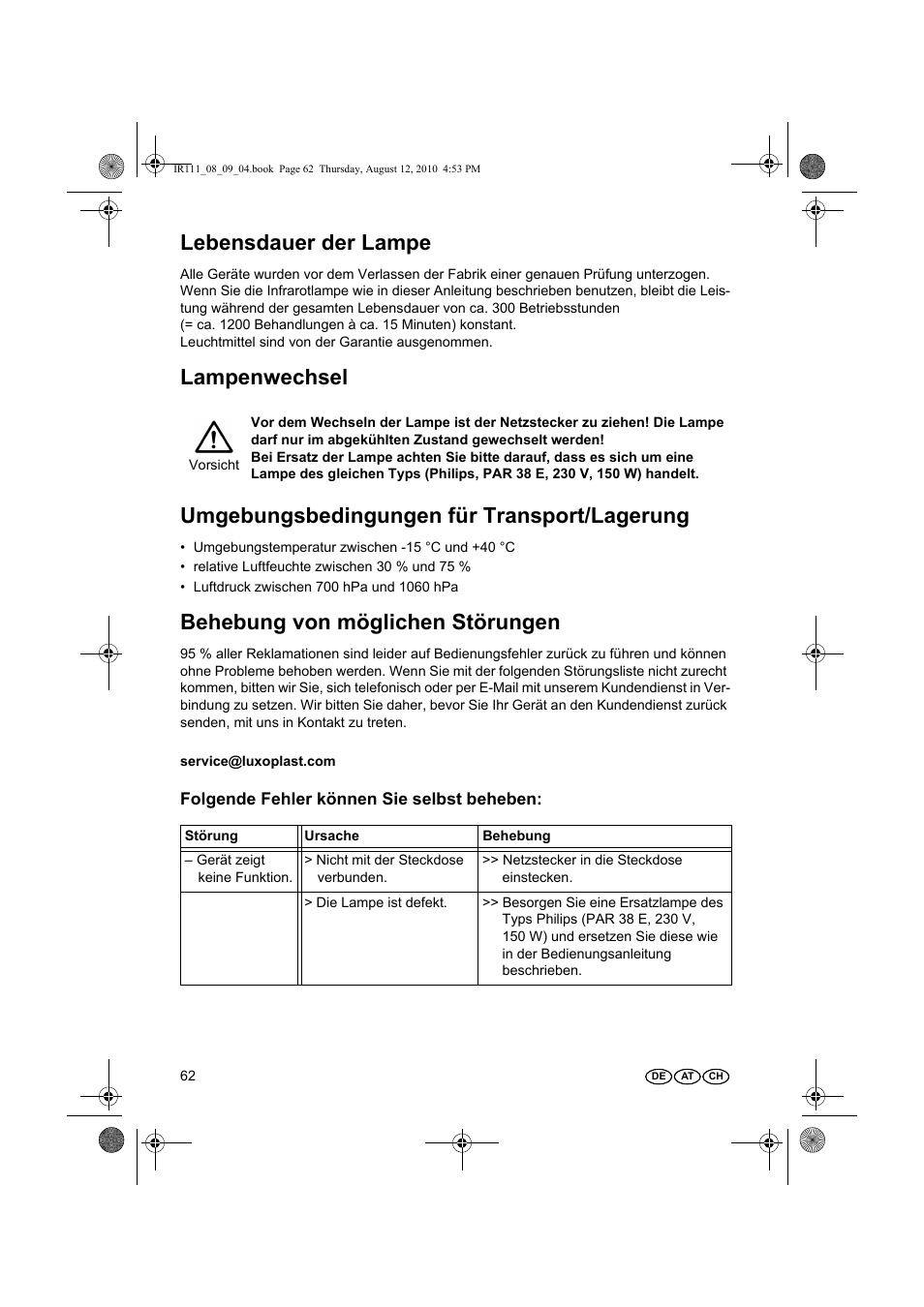 Lebensdauer der lampe, Behebung von möglichen störungen | Silvercrest SRL 150 A1 User Manual | Page 62 / 72