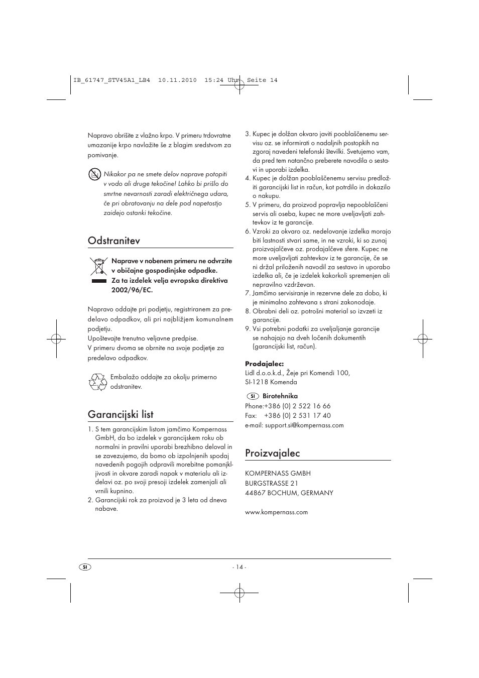 Odstranitev, Garancijski list, Proizvajalec | Silvercrest STV 45 A1 User Manual | Page 16 / 26