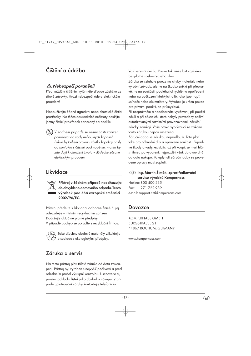 Čištění a údržba, Likvidace, Záruka a servis | Dovozce | Silvercrest STV 45 A1 User Manual | Page 19 / 26