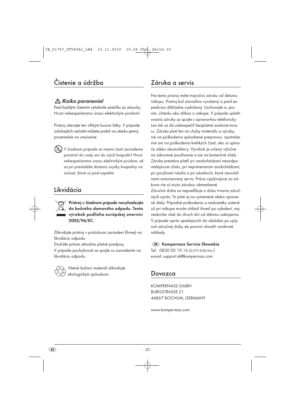 Čistenie a údržba, Likvidácia, Záruka a servis | Dovozca | Silvercrest STV 45 A1 User Manual | Page 22 / 26