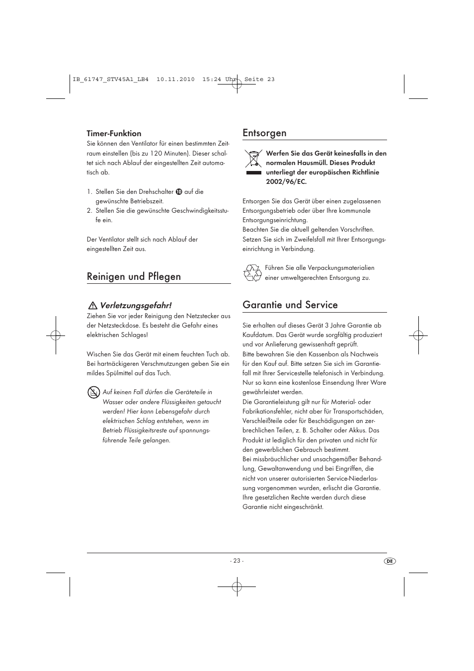 Reinigen und pflegen, Entsorgen, Garantie und service | Silvercrest STV 45 A1 User Manual | Page 25 / 26