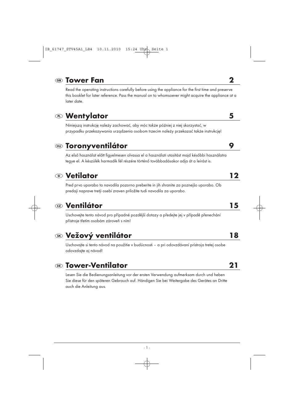 Tower fan 2, Wentylator 5, Toronyventilátor 9 | Vetilator 12, Ventilátor 15, Vežový ventilátor 18, Tower-ventilator 21 | Silvercrest STV 45 A1 User Manual | Page 3 / 26