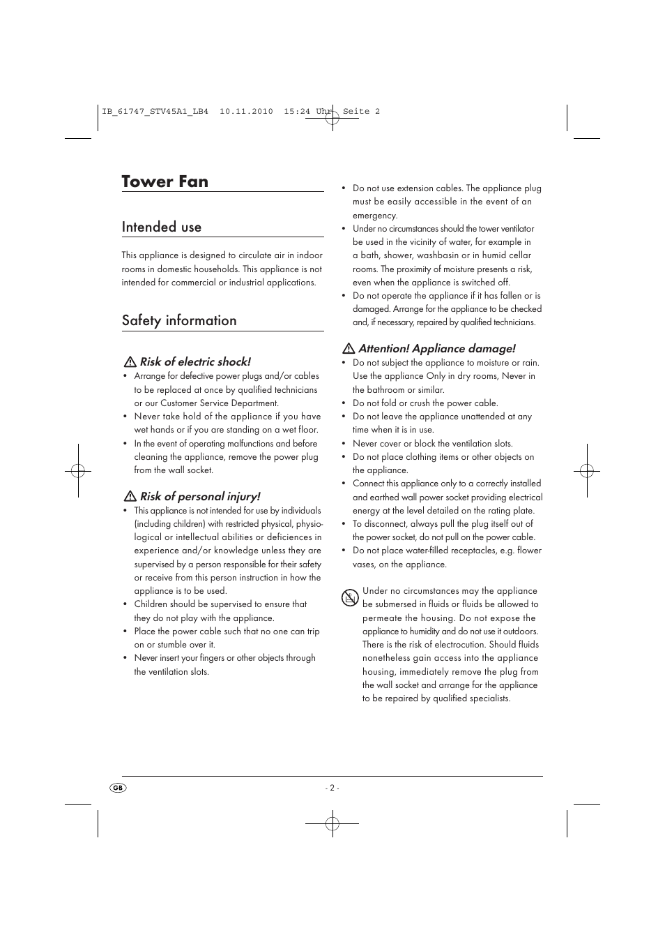 Tower fan, Intended use, Safety information | Risk of electric shock, Risk of personal injury, Attention! appliance damage | Silvercrest STV 45 A1 User Manual | Page 4 / 26