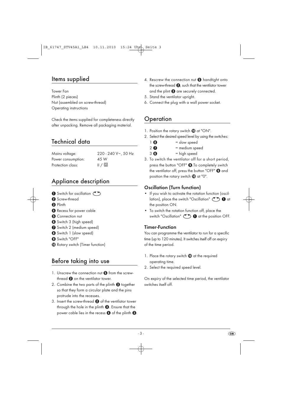 Items supplied, Technical data, Appliance description | Before taking into use, Operation, Oscillation (turn function), Timer-function | Silvercrest STV 45 A1 User Manual | Page 5 / 26