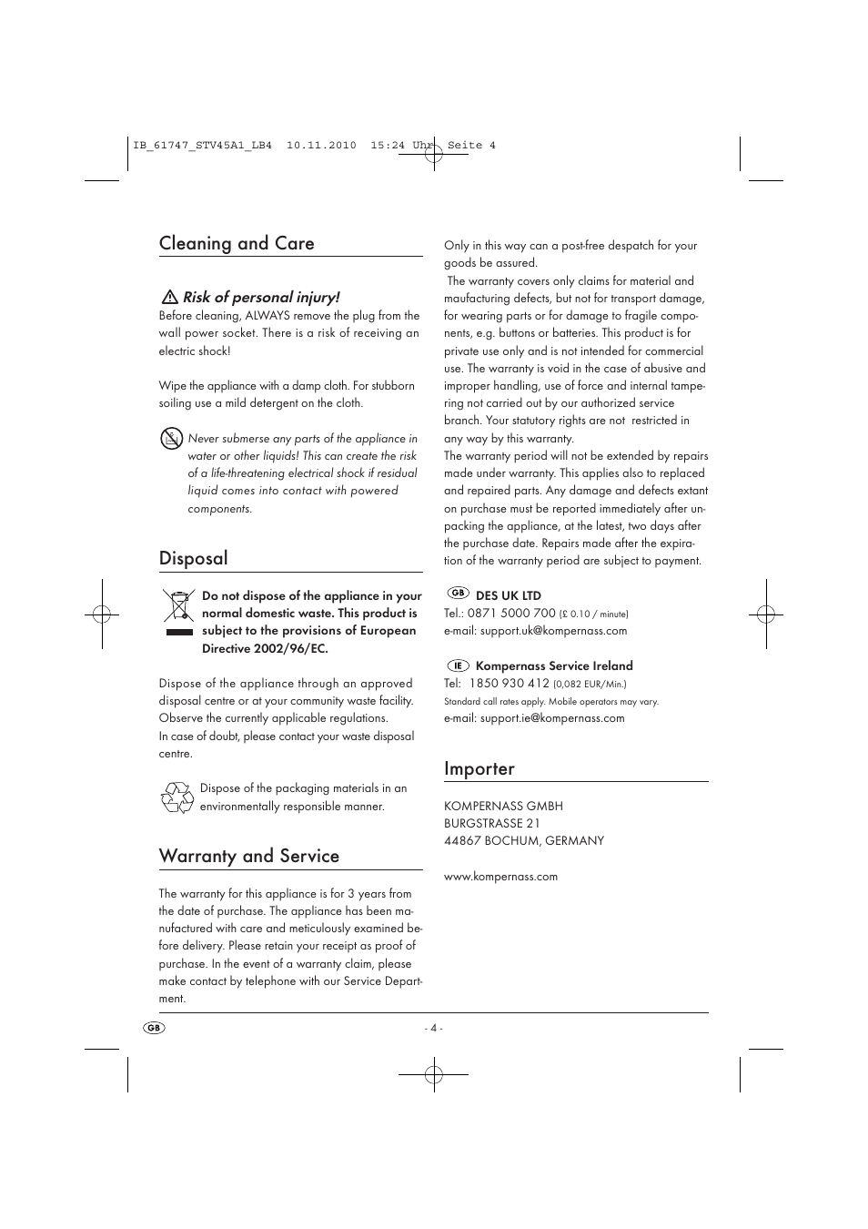 Cleaning and care, Disposal, Warranty and service | Importer, Risk of personal injury | Silvercrest STV 45 A1 User Manual | Page 6 / 26