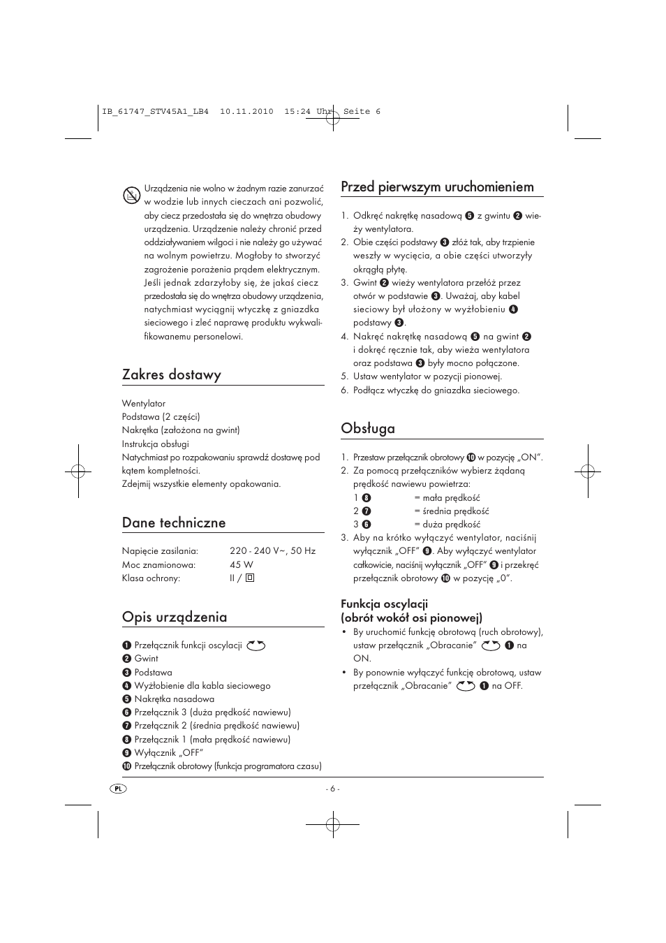 Zakres dostawy, Dane techniczne, Opis urządzenia | Przed pierwszym uruchomieniem, Obsługa, Funkcja oscylacji (obrót wokół osi pionowej) | Silvercrest STV 45 A1 User Manual | Page 8 / 26