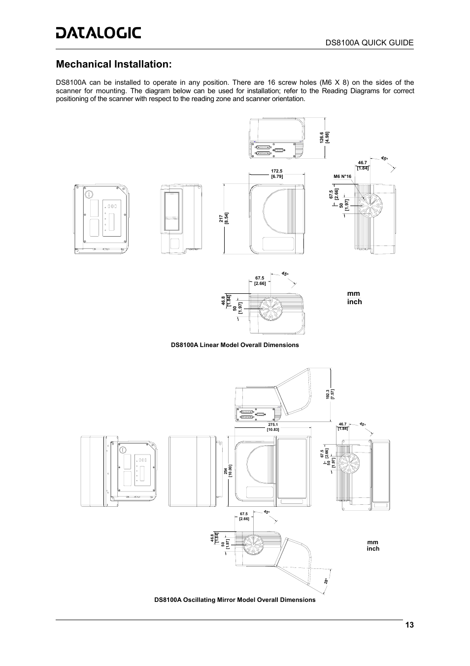 Mechanical installation, Mm inch | Datalogic Scanning DS8100A User Manual | Page 13 / 23