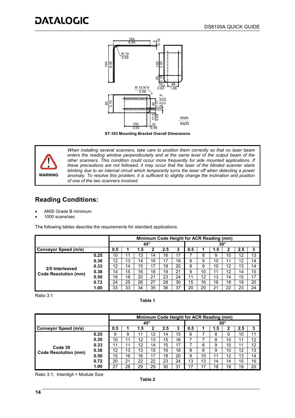 Reading conditions | Datalogic Scanning DS8100A User Manual | Page 14 / 23