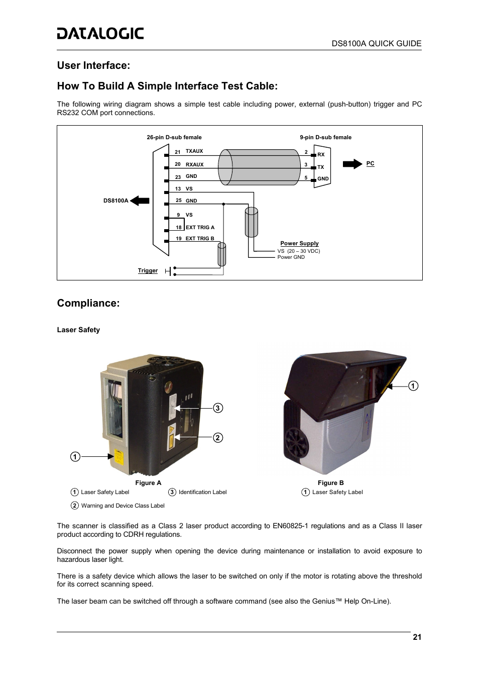 User interface, How to build a simple interface test cable, Compliance | Datalogic Scanning DS8100A User Manual | Page 21 / 23